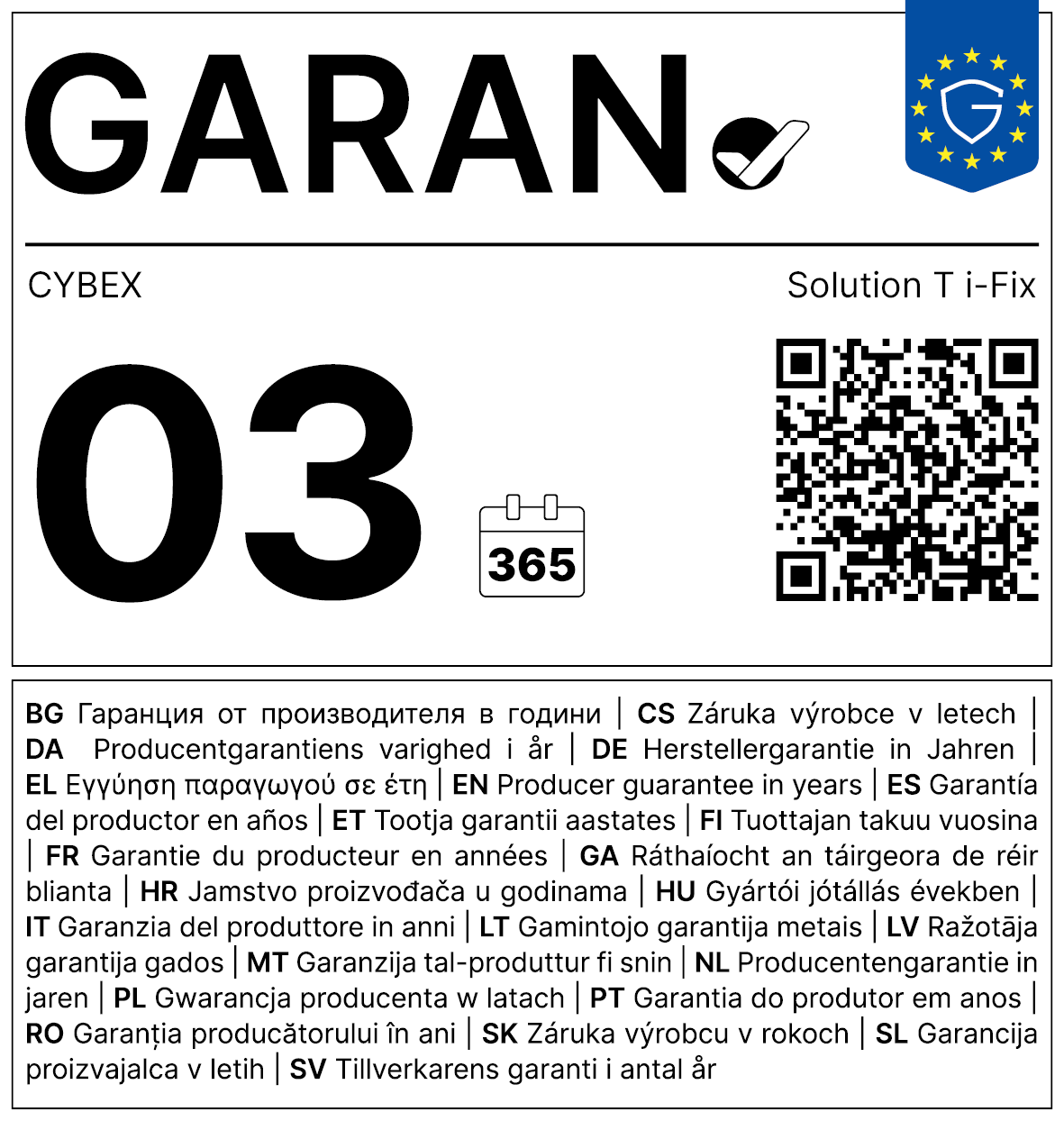Vollständiges GARAN-Label, 3 Jahre Garantie auf Folgesitz 'Solution T i-Fix PLUS' Platinum White