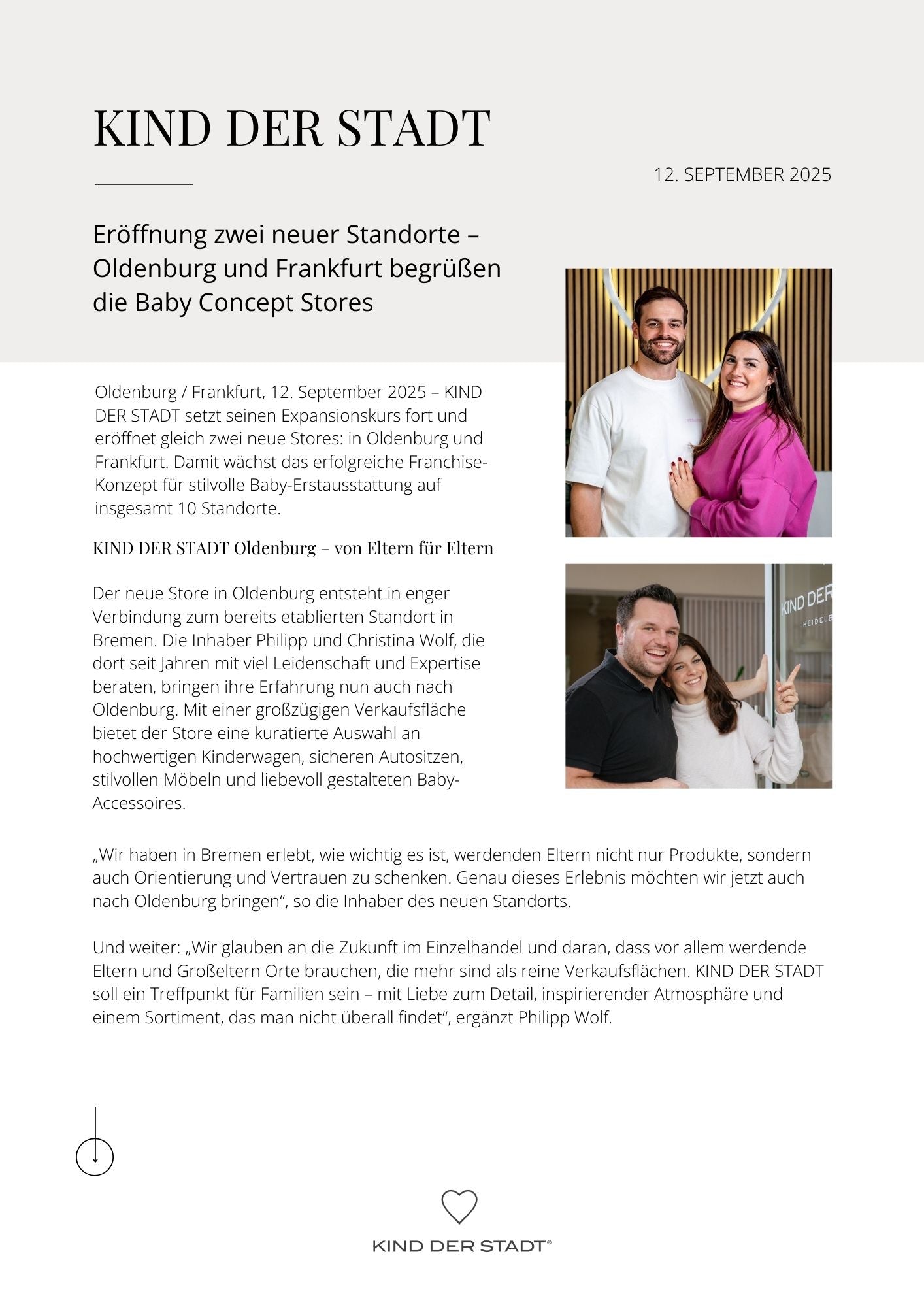 Pressemitteilung Eröffnungen KIND DER STADT Oldenburg & KIND DER STADT Frankfurt