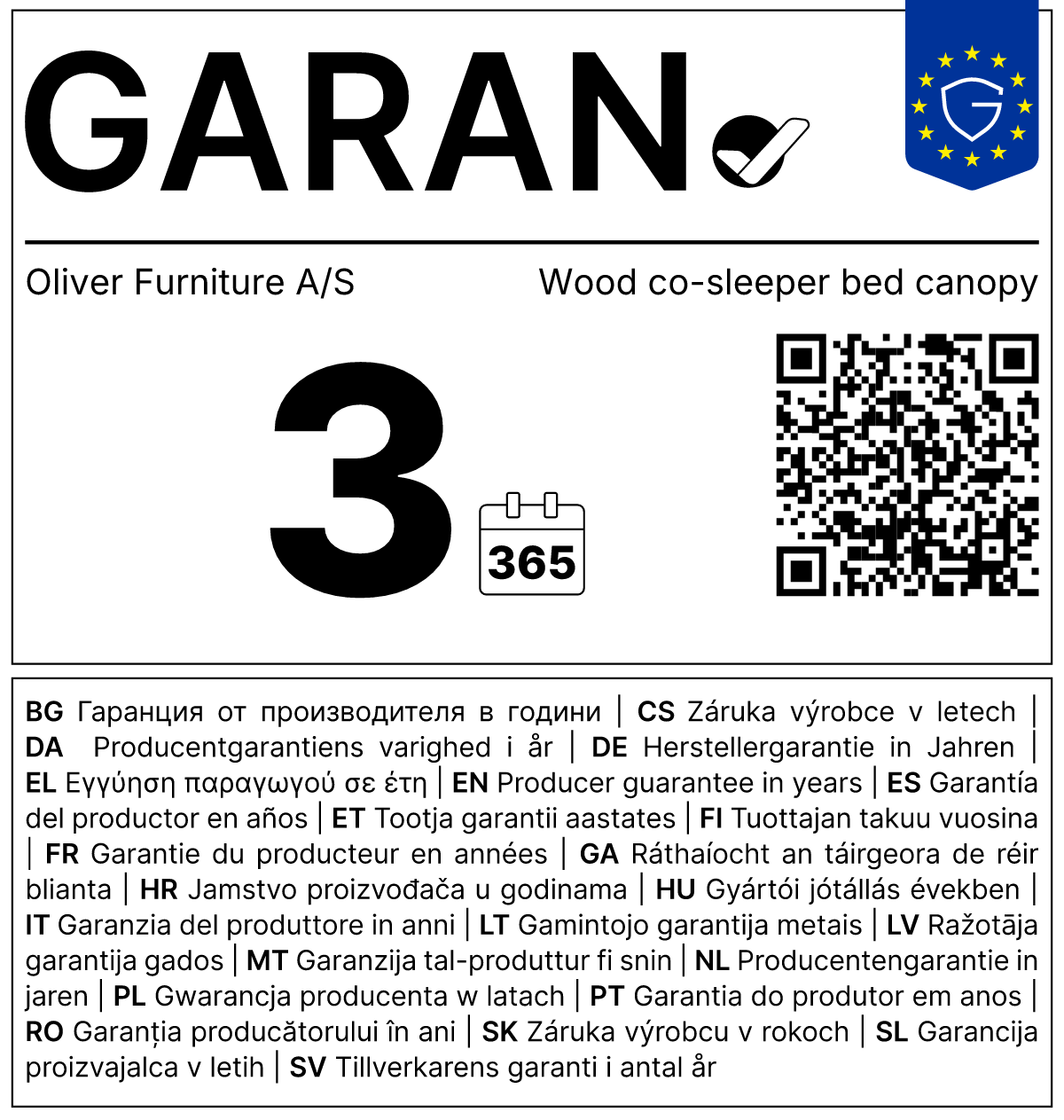 Vollständiges GARAN-Label, 3 Jahre Garantie auf Betthimmel für Beistellbett 'Wood' Weiß
