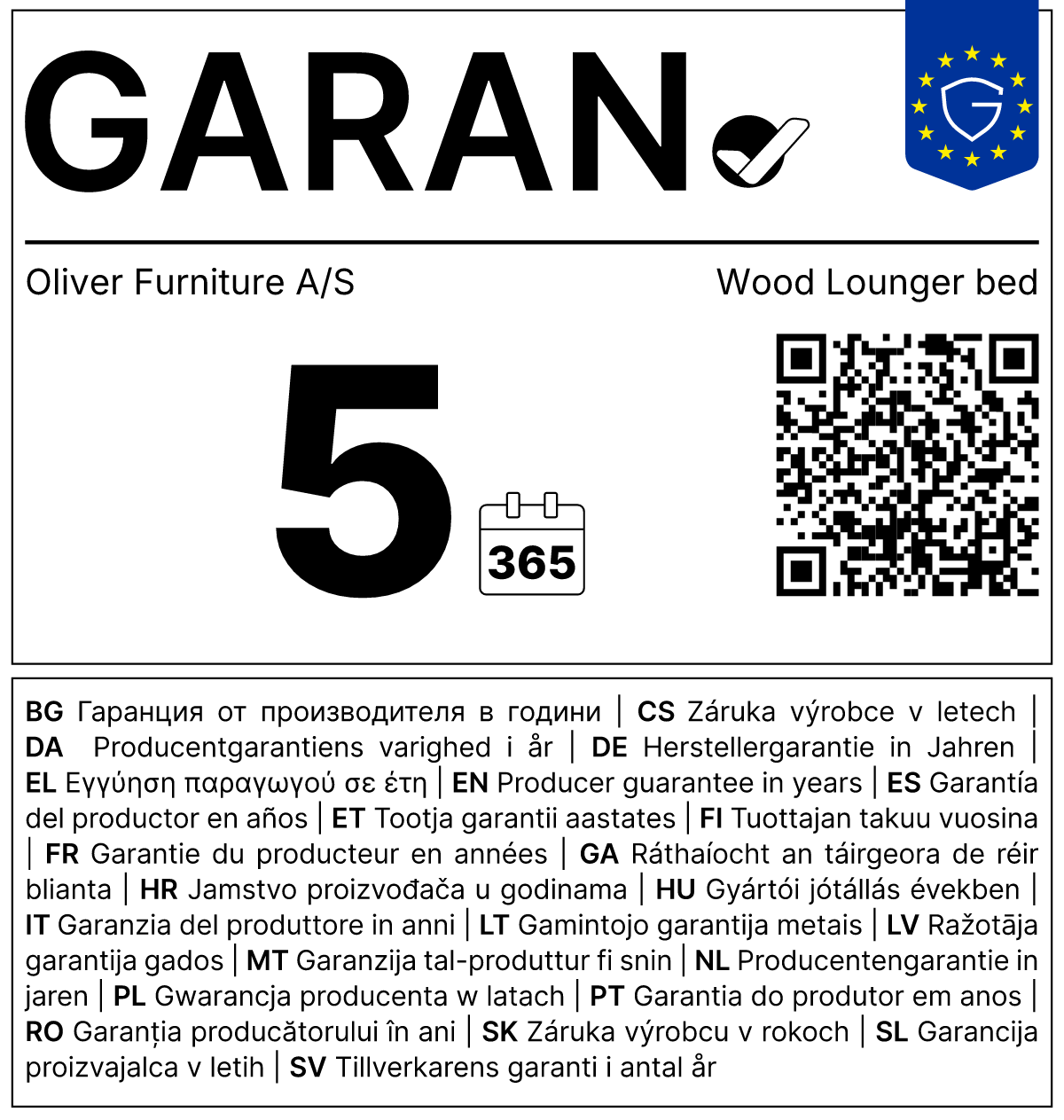 Vollständiges GARAN-Label, 5 Jahre Garantie auf Lounger Bett 'Wood' Eiche 200 x 120 cm