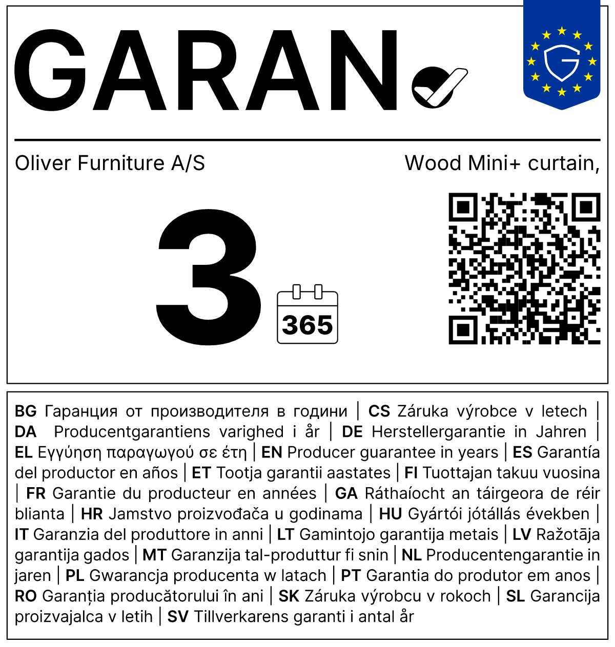 Vollständiges GARAN-Label, 3 Jahre Garantie auf Vorhang für 'Wood Mini+' natur