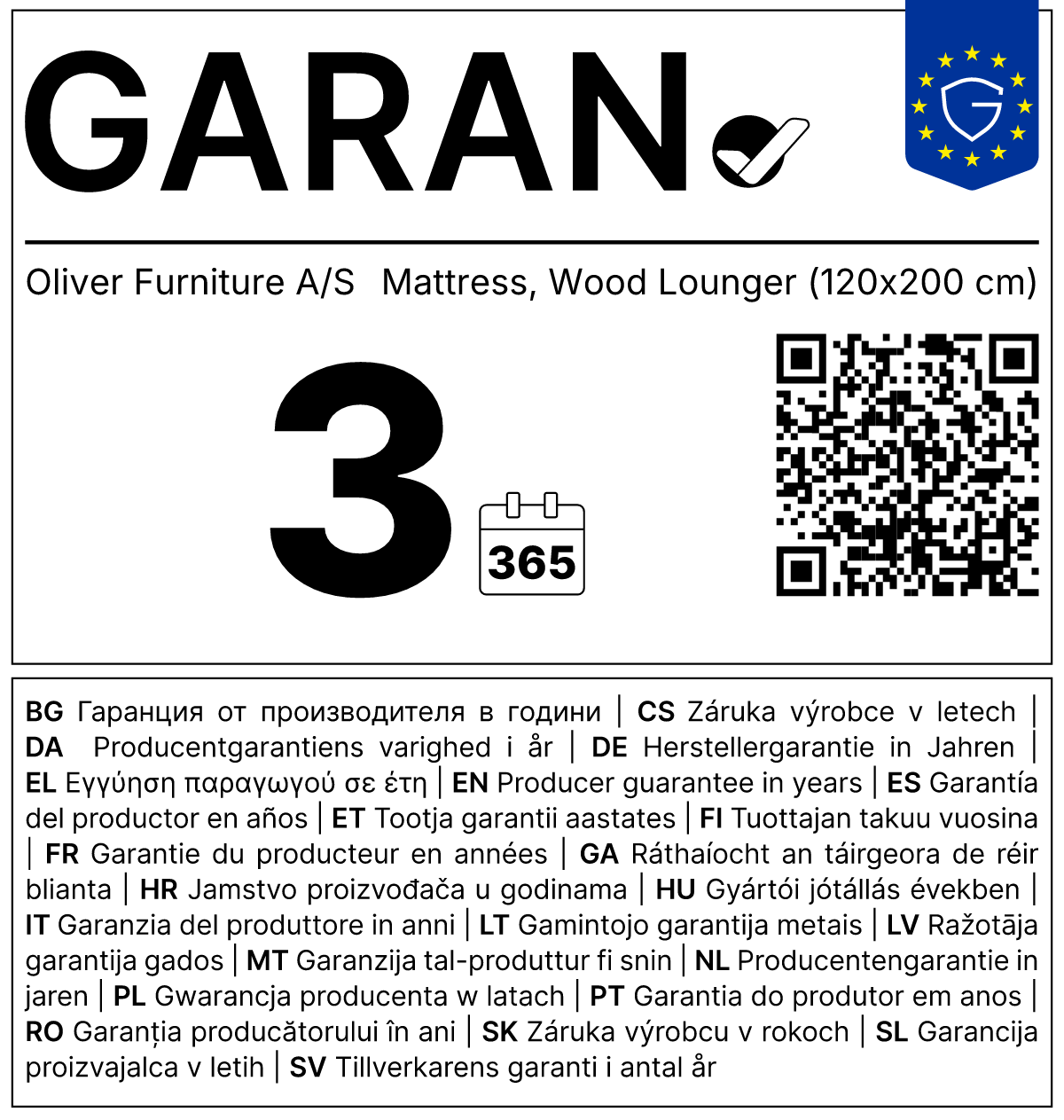 Vollständiges GARAN-Label, 3 Jahre Garantie auf Matratze für 'Wood Original' Betten/Lounger 200 x 120 cm