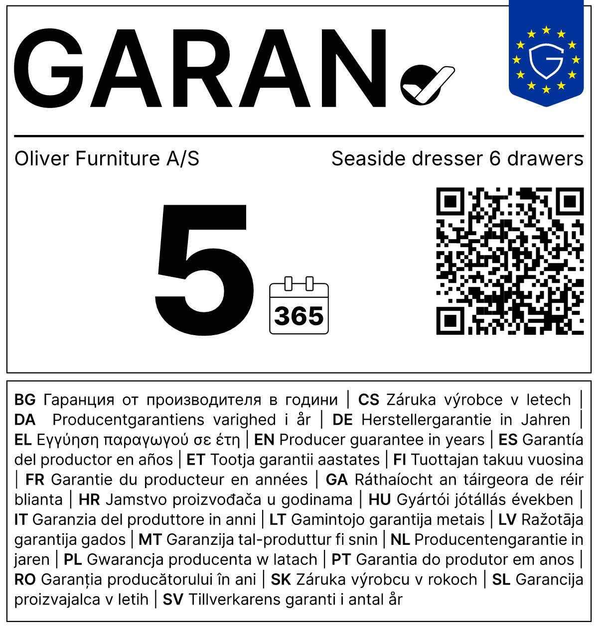Vollständiges GARAN-Label, 5 Jahre Garantie auf Kommode 'Seaside' 6 Schubladen weiß